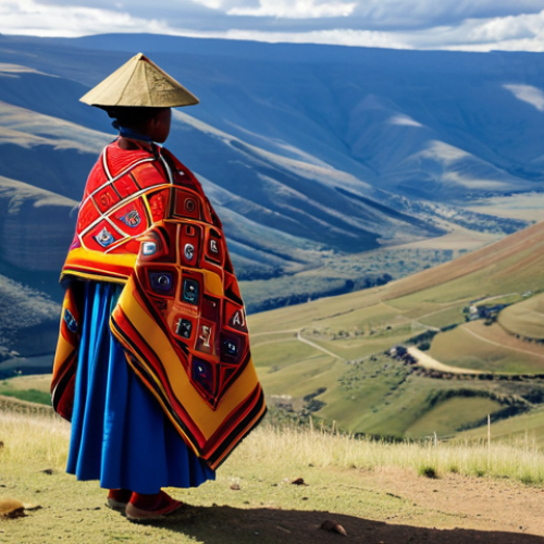 Home 20 A proud Basotho woman, standing gracefully amidst the rolling mountains of Lesotho, fully clothed in a vibrant, traditional Moshoeshoe blanket that drapes elegantly over her. The blanket features intricate geometric and natural patterns, including symbols of mountains and lightning, rendered in rich blues, reds, and yellows. She wears a distinctive Mokorotlo hat. The scene is bathed in bright, clear daylight, capturing the serene beauty of the landscape. fully clothed, appropriate attire, modest clothing, safe for work, appropriate content, perfect anatomy, correct proportions, natural pose, well-formed hands, proper finger count, natural body proportions, professional photography, high quality.