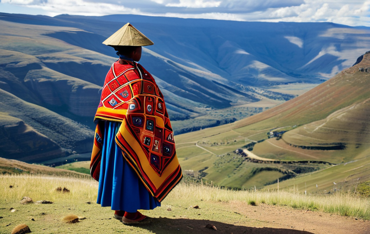 A proud Basotho woman, standing gracefully amidst the rolling mountains of Lesotho, fully clothed in a vibrant, traditional Moshoeshoe blanket that drapes elegantly over her. The blanket features intricate geometric and natural patterns, including symbols of mountains and lightning, rendered in rich blues, reds, and yellows. She wears a distinctive Mokorotlo hat. The scene is bathed in bright, clear daylight, capturing the serene beauty of the landscape. fully clothed, appropriate attire, modest clothing, safe for work, appropriate content, perfect anatomy, correct proportions, natural pose, well-formed hands, proper finger count, natural body proportions, professional photography, high quality.