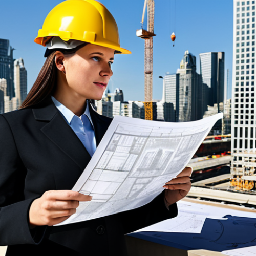 Home 19 A professional female architect in a fully clothed, modest business attire, reviewing blueprints on a construction site with a cityscape in the background, safe for work, perfect anatomy, natural proportions, professional environment.
