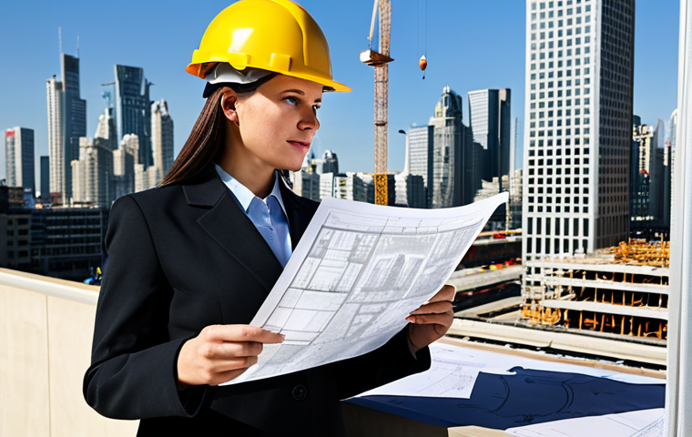 A professional female architect in a fully clothed, modest business attire, reviewing blueprints on a construction site with a cityscape in the background, safe for work, perfect anatomy, natural proportions, professional environment.