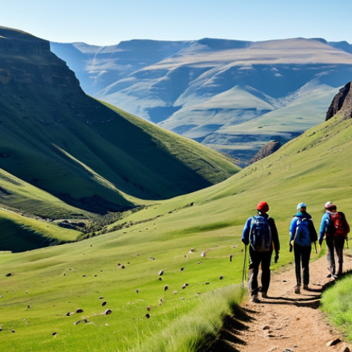 Home 12 **
"Scenic view of Sehlabathebe National Park in Lesotho, featuring alpine meadows and rolling hills, fully clothed hikers enjoying the landscape, appropriate attire, safe for work, perfect anatomy, natural proportions, professional photography, family-friendly"
**