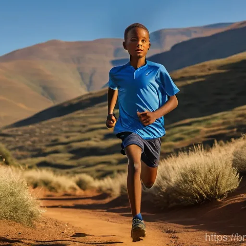 레소토에서 가장 인기 있는 스포츠 선수 - **Prompt:** A young, determined boy (representing a young Tsepo Mathibelle) running alone on a windi...