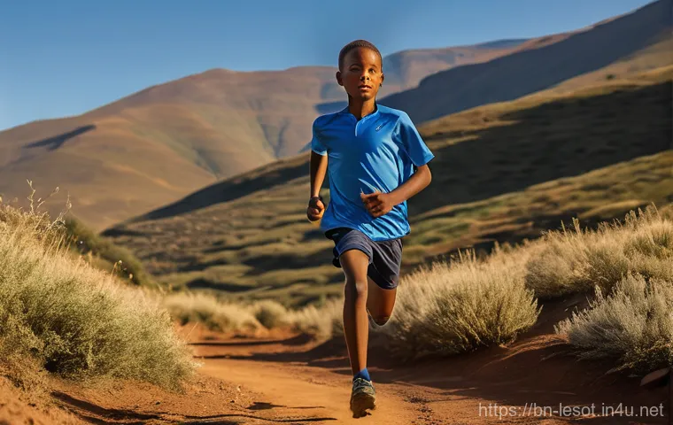 레소토에서 가장 인기 있는 스포츠 선수 - **Prompt:** A young, determined boy (representing a young Tsepo Mathibelle) running alone on a windi...