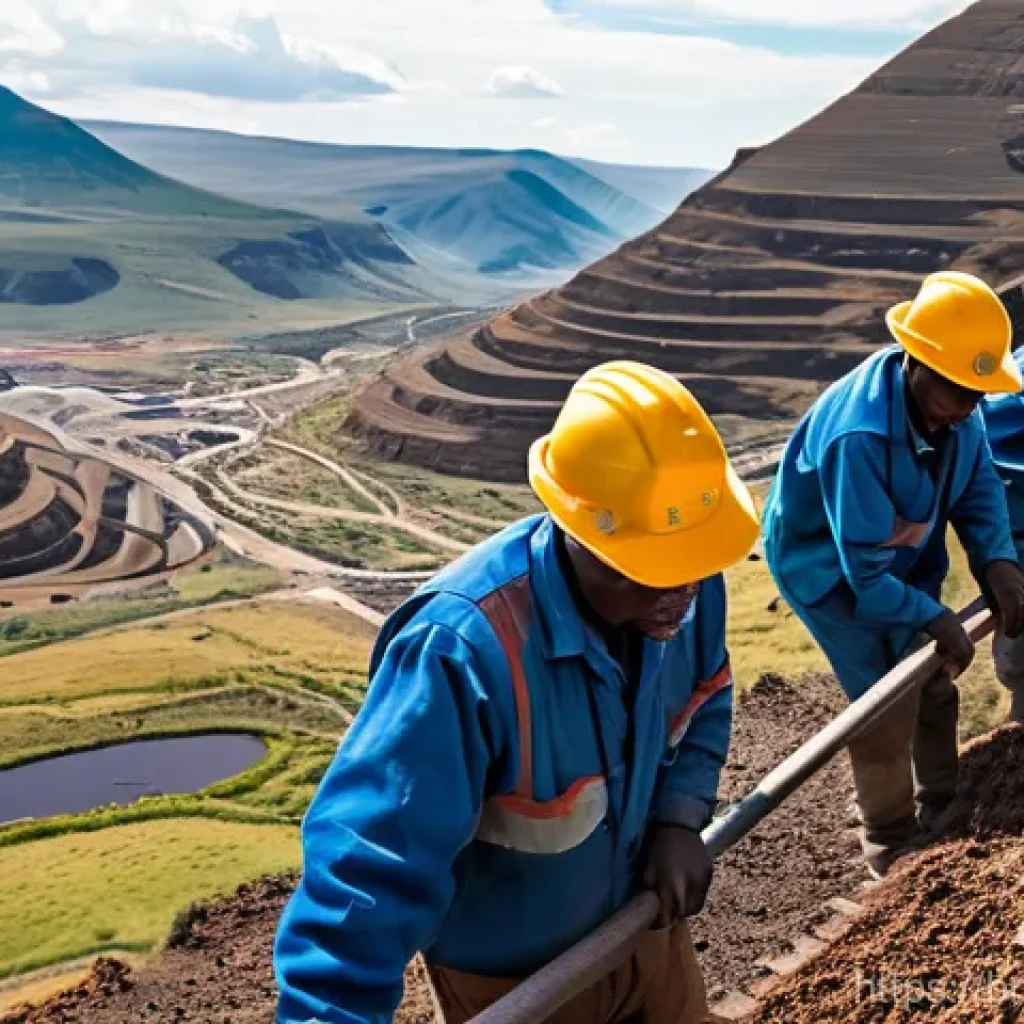 레소토의 주요 직업 및 인기 직군 - Diamond Miners in the Kingdom in the Sky**
A high-angle, wide shot capturing the majestic, rugged m...