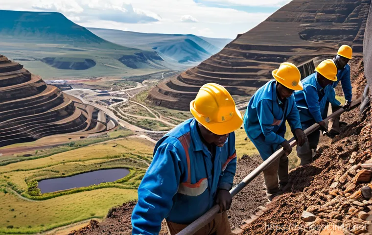 레소토의 주요 직업 및 인기 직군 - Diamond Miners in the Kingdom in the Sky**
A high-angle, wide shot capturing the majestic, rugged m...