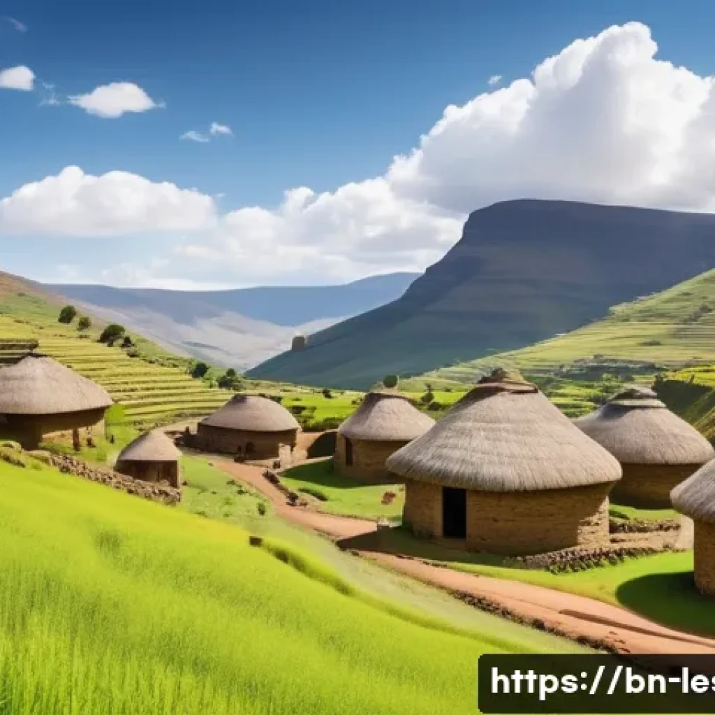 레소토에서의 도보 여행 추천 코스 - A serene mountain village in Lesotho nestled among lush green hills, featuring traditional stone hut...