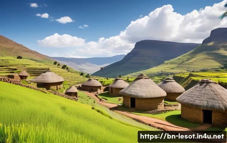 레소토에서의 도보 여행 추천 코스 - A serene mountain village in Lesotho nestled among lush green hills, featuring traditional stone hut...