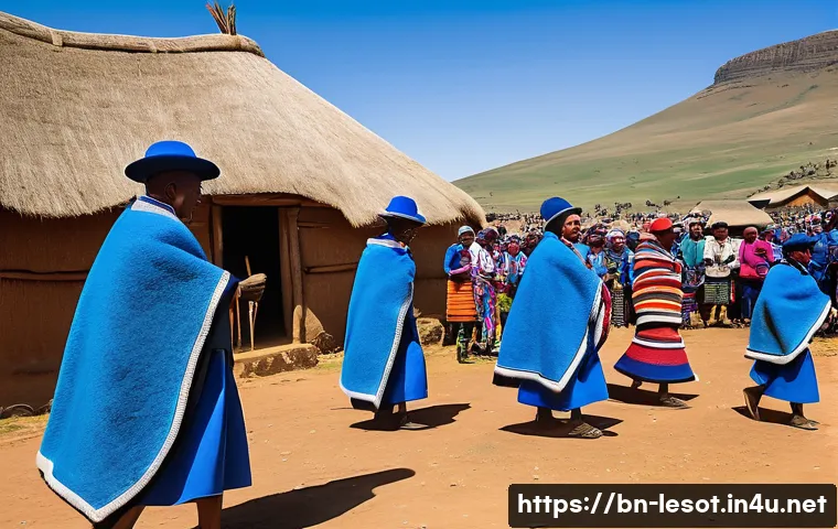 레소토의 종교와 신앙 - A vibrant Lesotho traditional festival scene featuring diverse local people of all ages wearing colo...