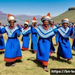 레소토 독립 과정 - A vibrant cultural festival scene in Lesotho showcasing traditional Basotho attire with colorful bla...