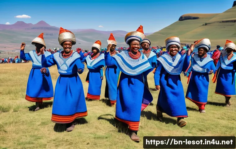 레소토 독립 과정 - A vibrant cultural festival scene in Lesotho showcasing traditional Basotho attire with colorful bla...