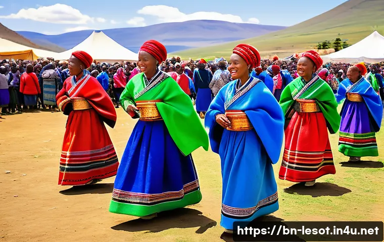 레소토에서 현지인과 친해지는 법 - A vibrant scene at the Lesotho traditional 'Linkotla' festival, showcasing local men and women dress...