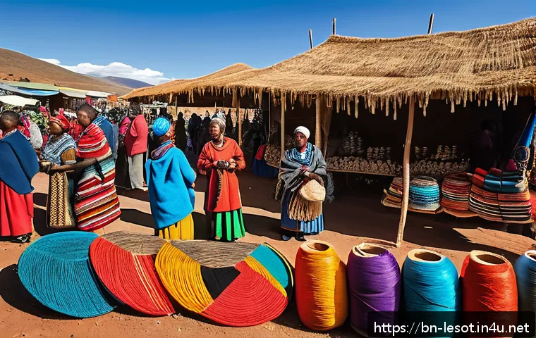 레소토에서의 쇼핑 및 기념품 추천 - A vibrant market scene in Lesotho showcasing a colorful array of traditional handmade crafts display...