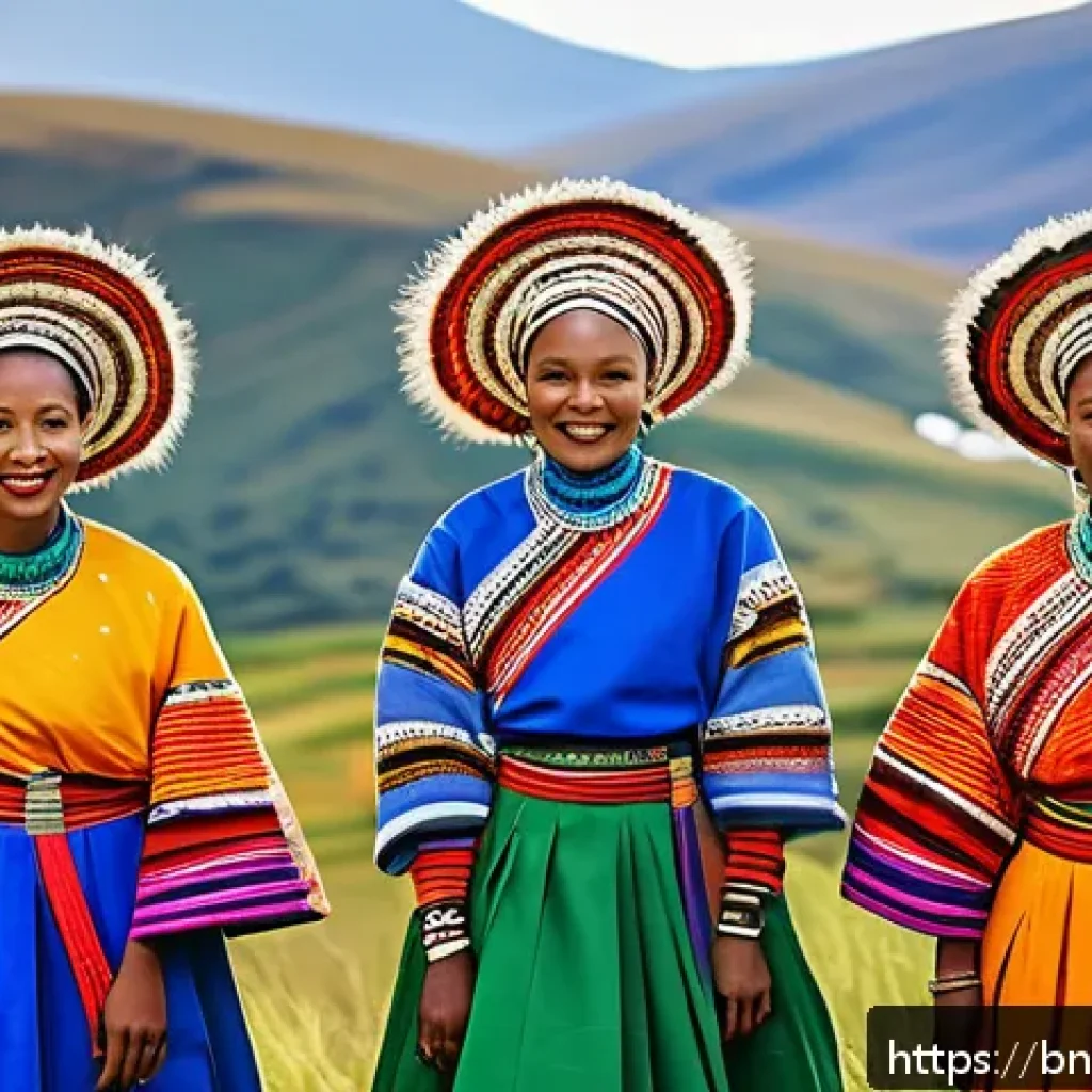 레소토 축제 및 기념일 - A vibrant scene of the Lesotho Solo ethnic music and dance festival in the mountainous landscape, sh...