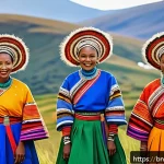 레소토 축제 및 기념일 - A vibrant scene of the Lesotho Solo ethnic music and dance festival in the mountainous landscape, sh...
