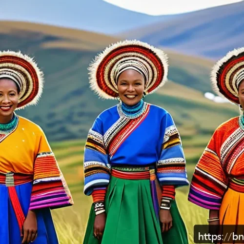 레소토 축제 및 기념일 - A vibrant scene of the Lesotho Solo ethnic music and dance festival in the mountainous landscape, sh...