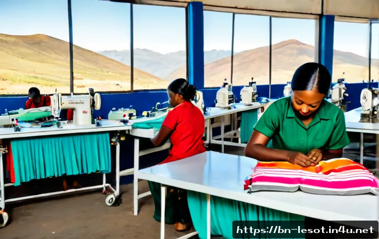 레소토의 주요 기업 및 경제 활동 - Photorealistic wide-angle view of a modern textile manufacturing workshop in Lesotho, African worker...