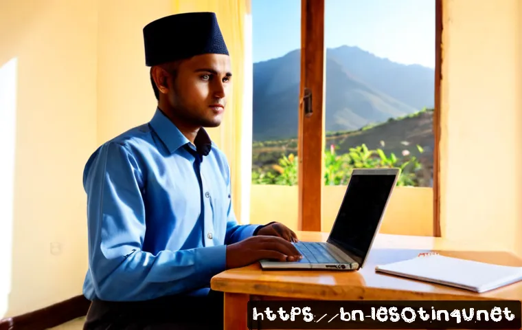 레소토에서 일자리 찾기 - Photorealistic scene of a young Basotho job seeker in modest professional clothing using a laptop at...